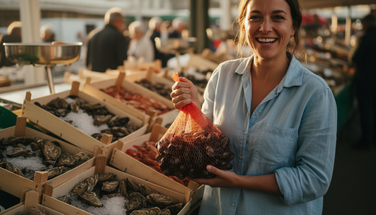 Femme française au marché avec des moules fraîches