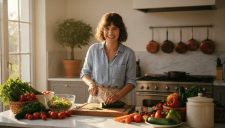 Femme française coupant une courgette fraîche en cuisine
