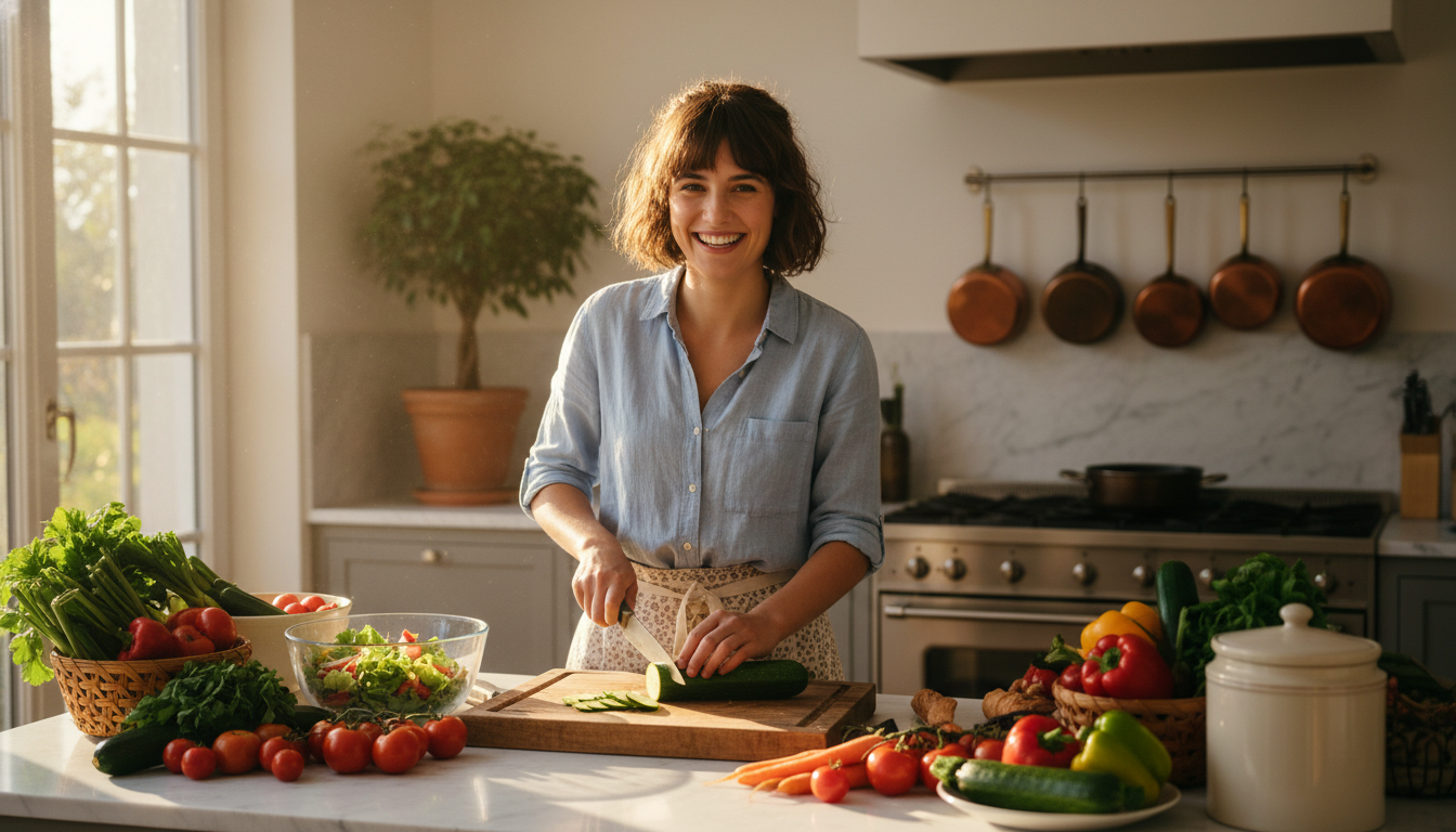 Femme française coupant une courgette fraîche en cuisine