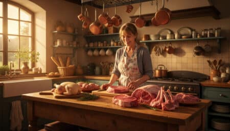 Femme française devant un étal de viandes variées en cuisine
