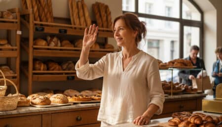 Femme française disant au revoir à la boulangerie avec le sourire