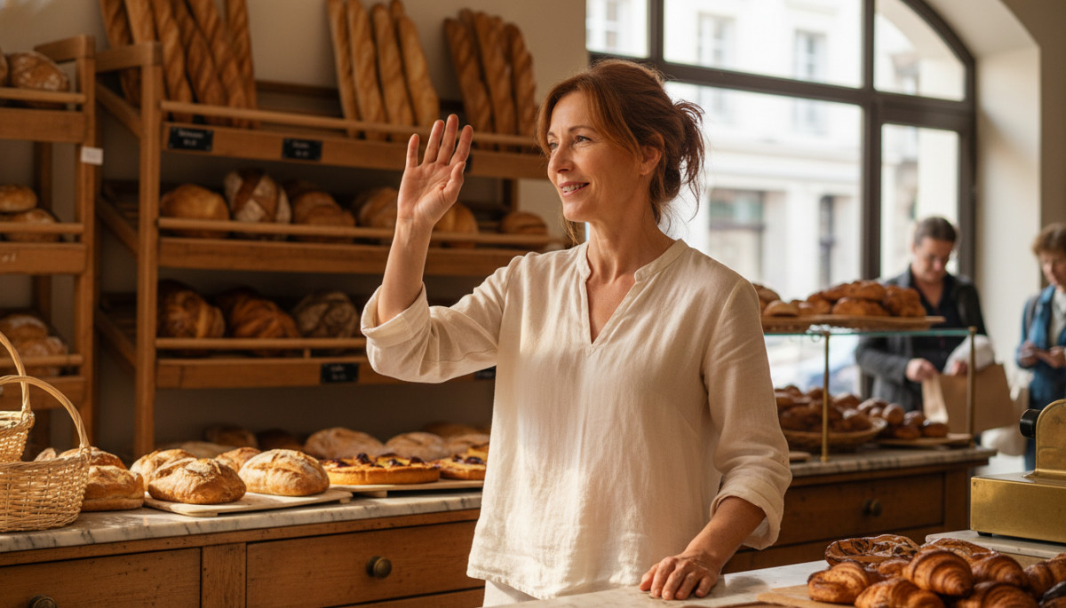 Femme française disant au revoir à la boulangerie avec le sourire