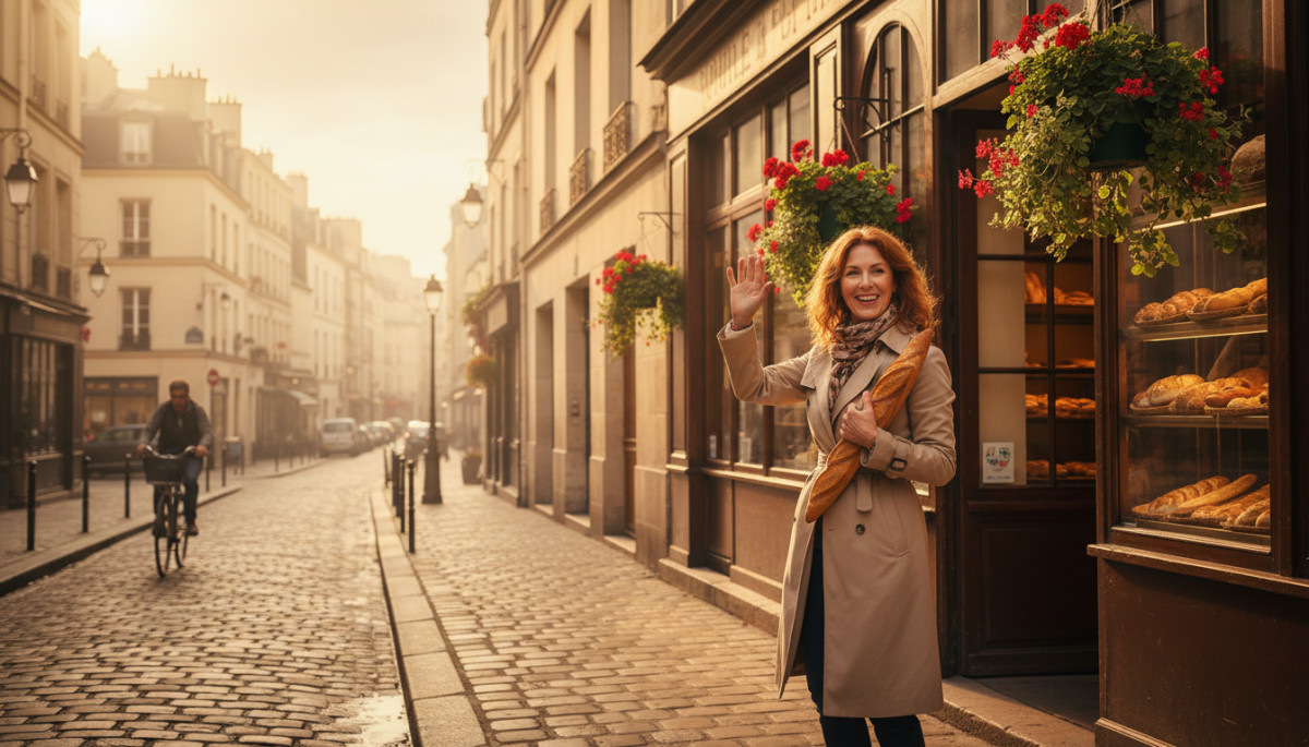 Femme française disant au revoir devant une boulangerie