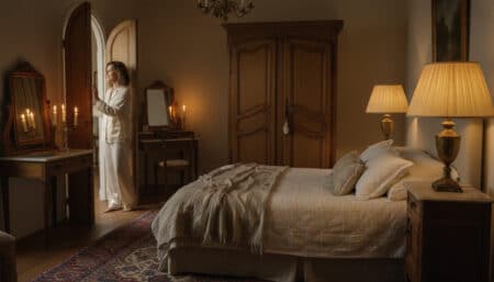 Femme française disant bonne nuit à sa famille