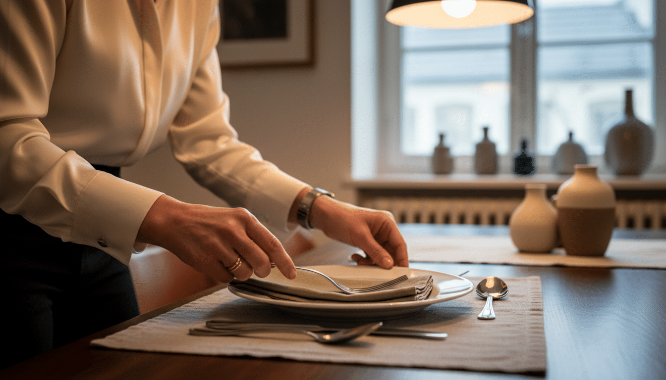 Femme française posant une fourchette à gauche de l'assiette