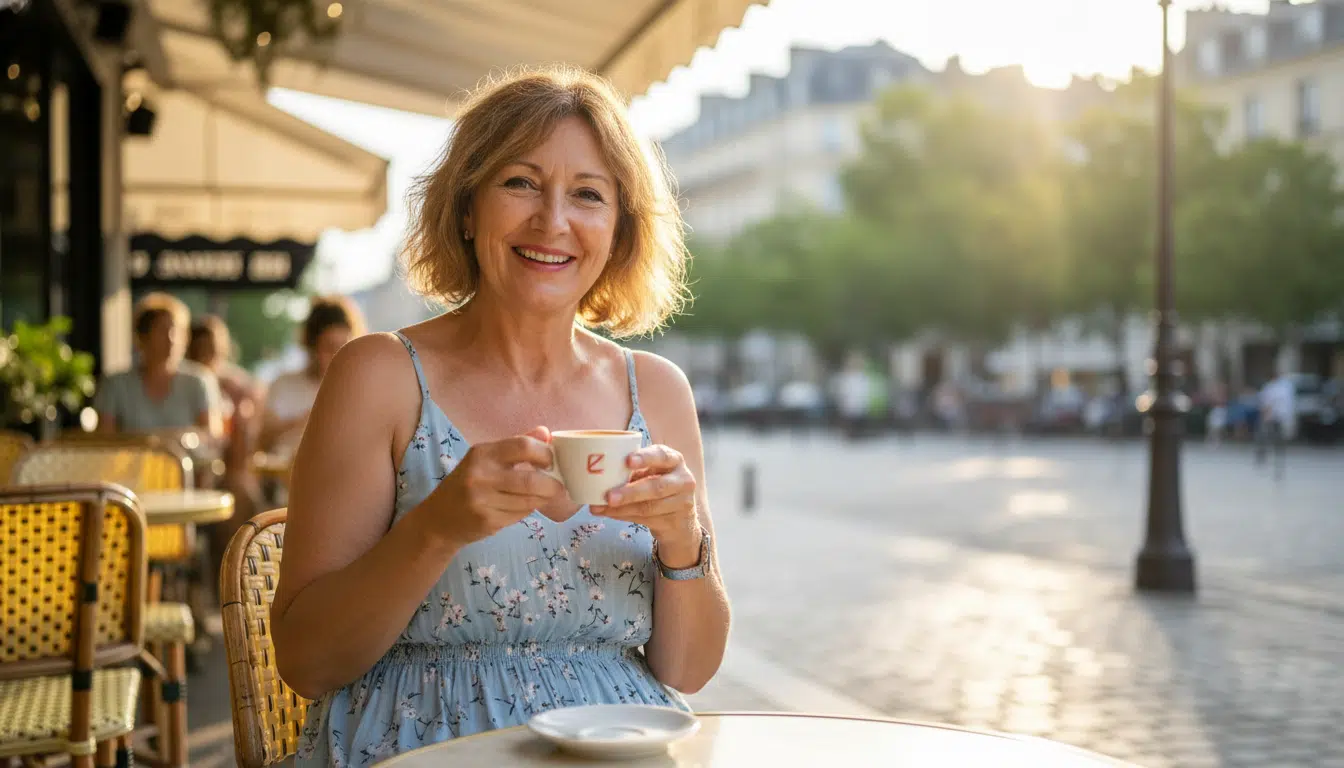 Femme française souriante dans un café ensoleillé