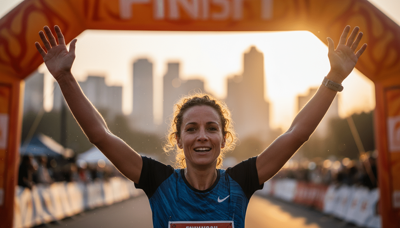 Femme franchissant la ligne d'arrivée d'un 10 km