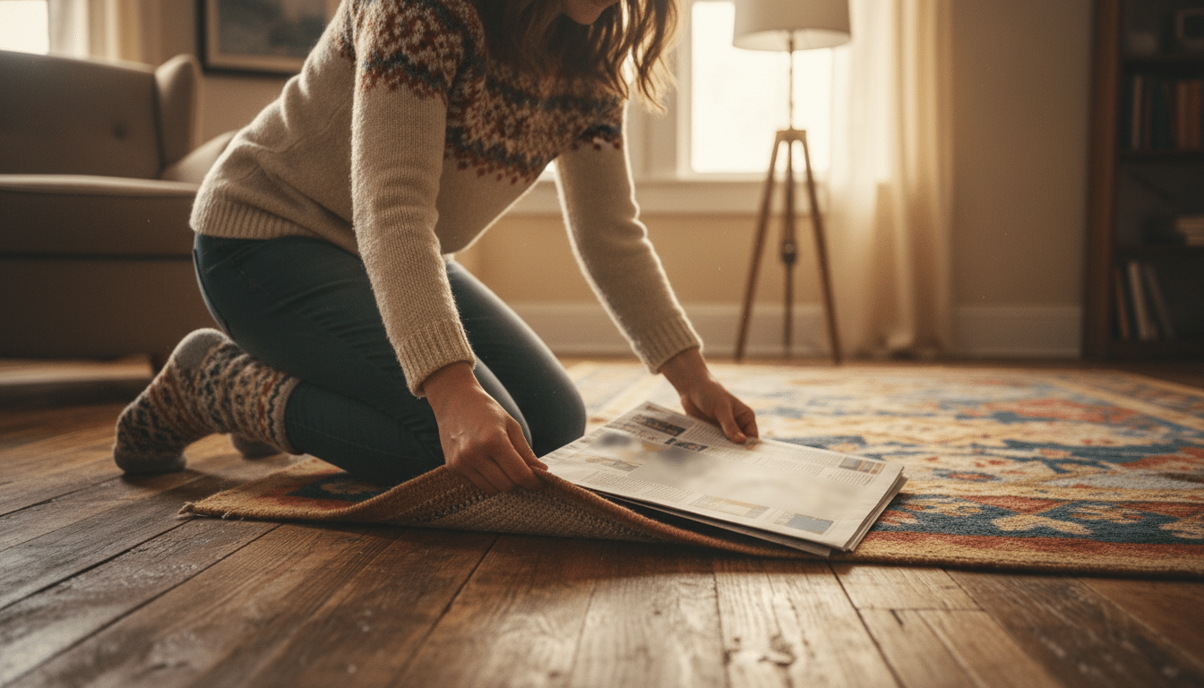 Femme glissant une feuille de journal sous un tapis