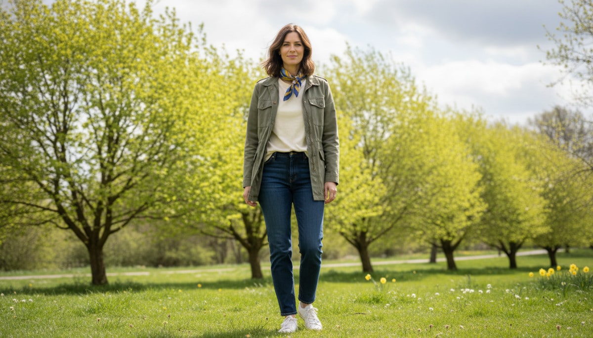 Femme habillée en couches pour la météo printanière