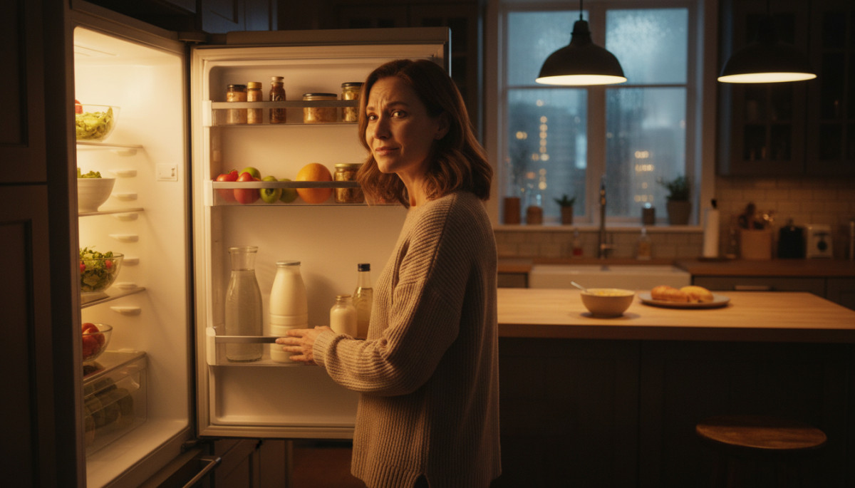 Femme hésitant devant le réfrigérateur la nuit