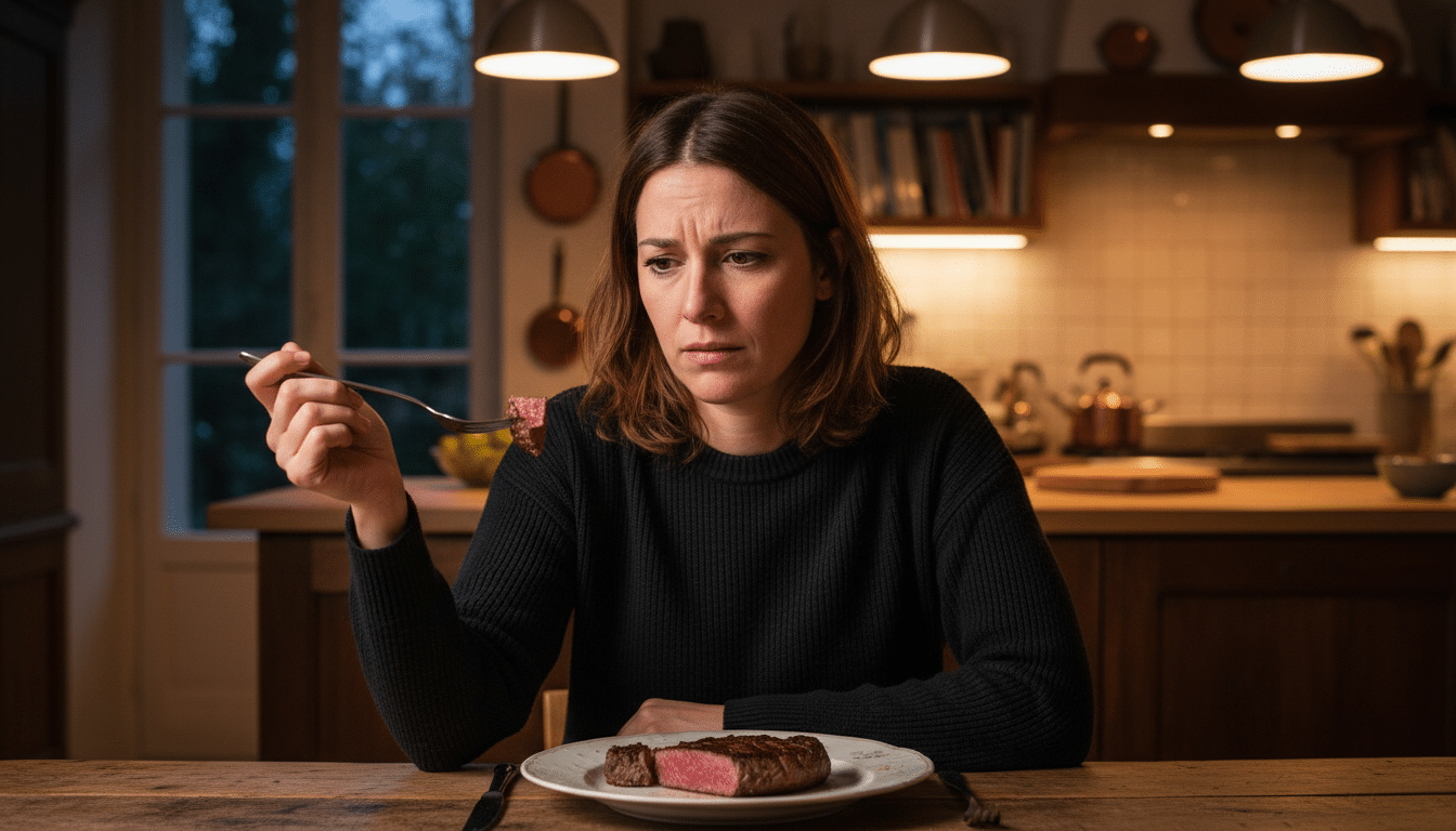 Femme hésitante devant un steak dans une cuisine