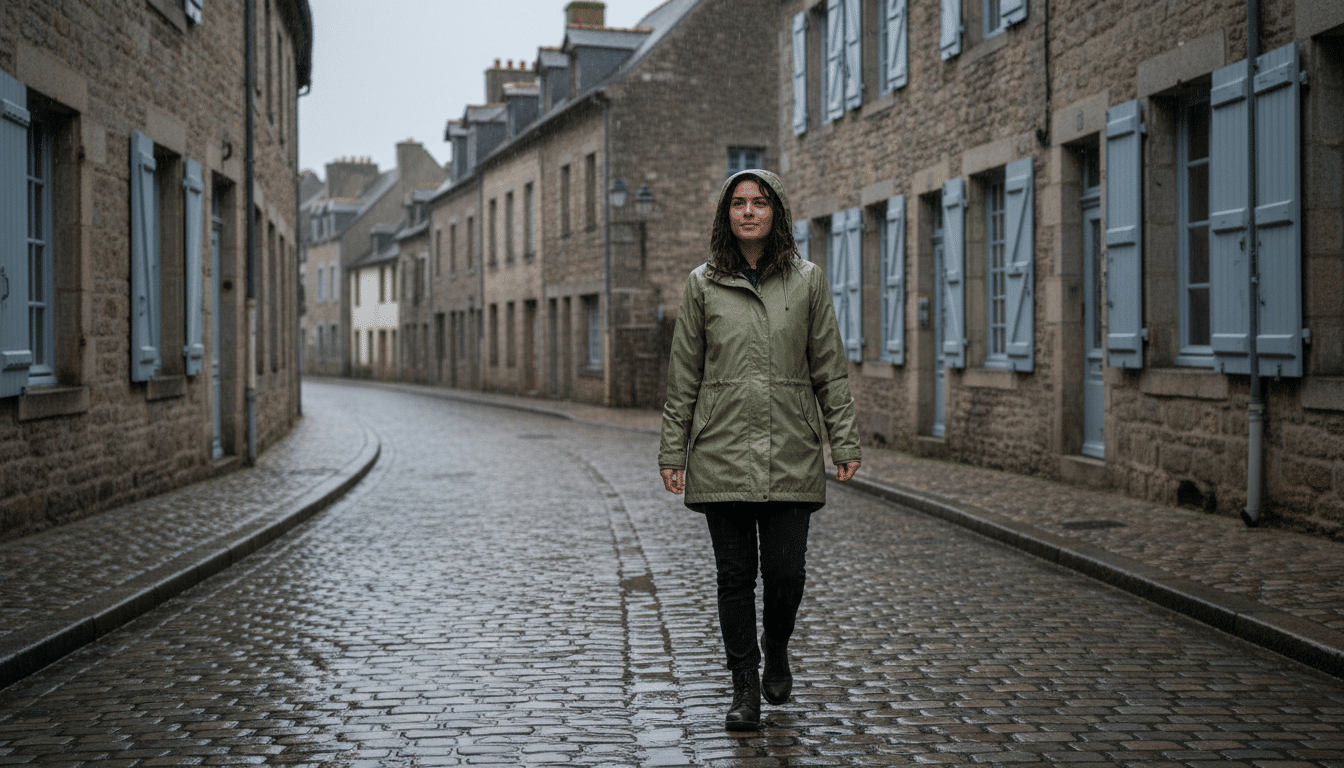 Femme imperméable sous la pluie en Bretagne