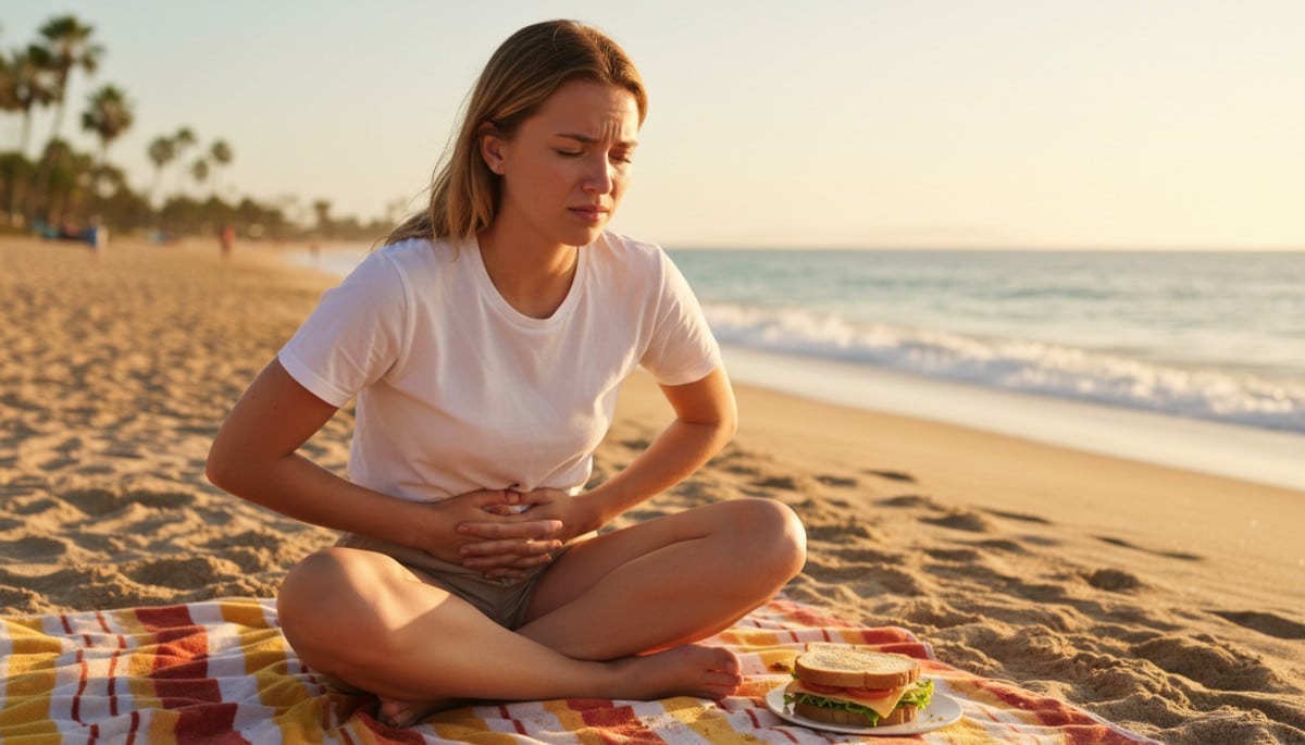Femme inconfortable sur la plage après avoir mangé