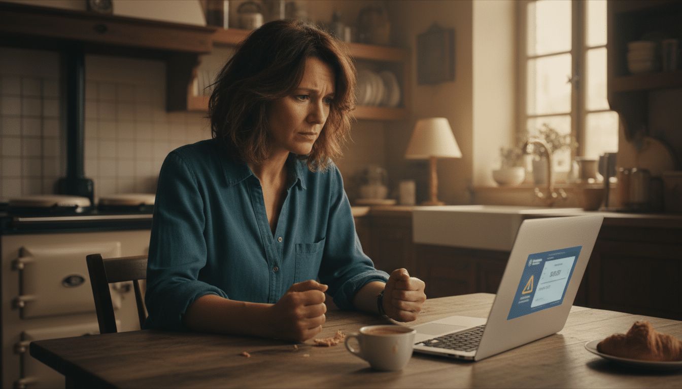 Femme inquiète devant application bancaire virement bloqué