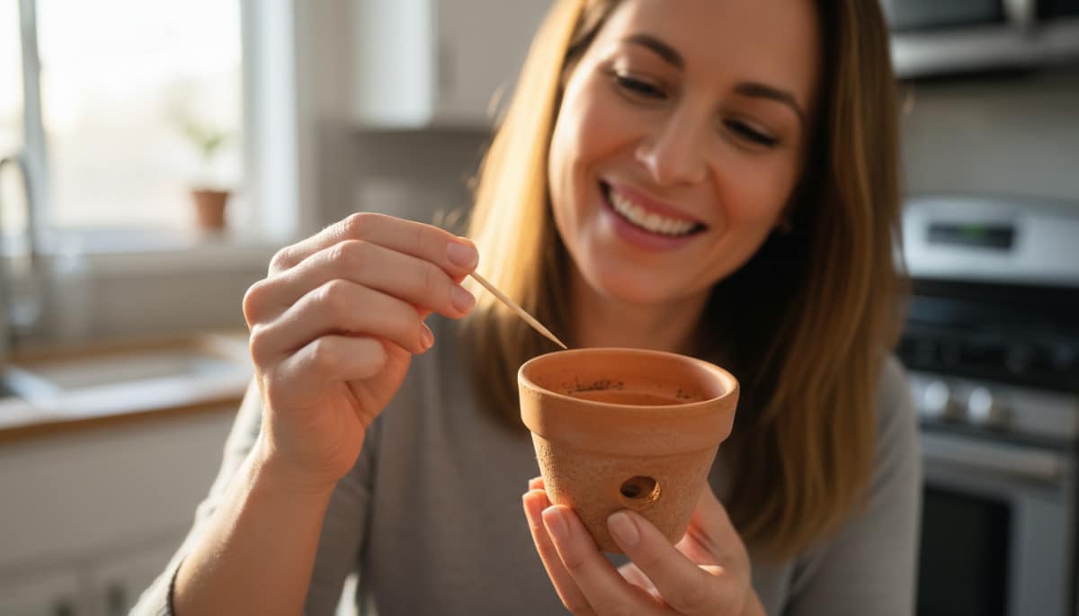 Femme insérant un cure-dent sous un pot de fleur