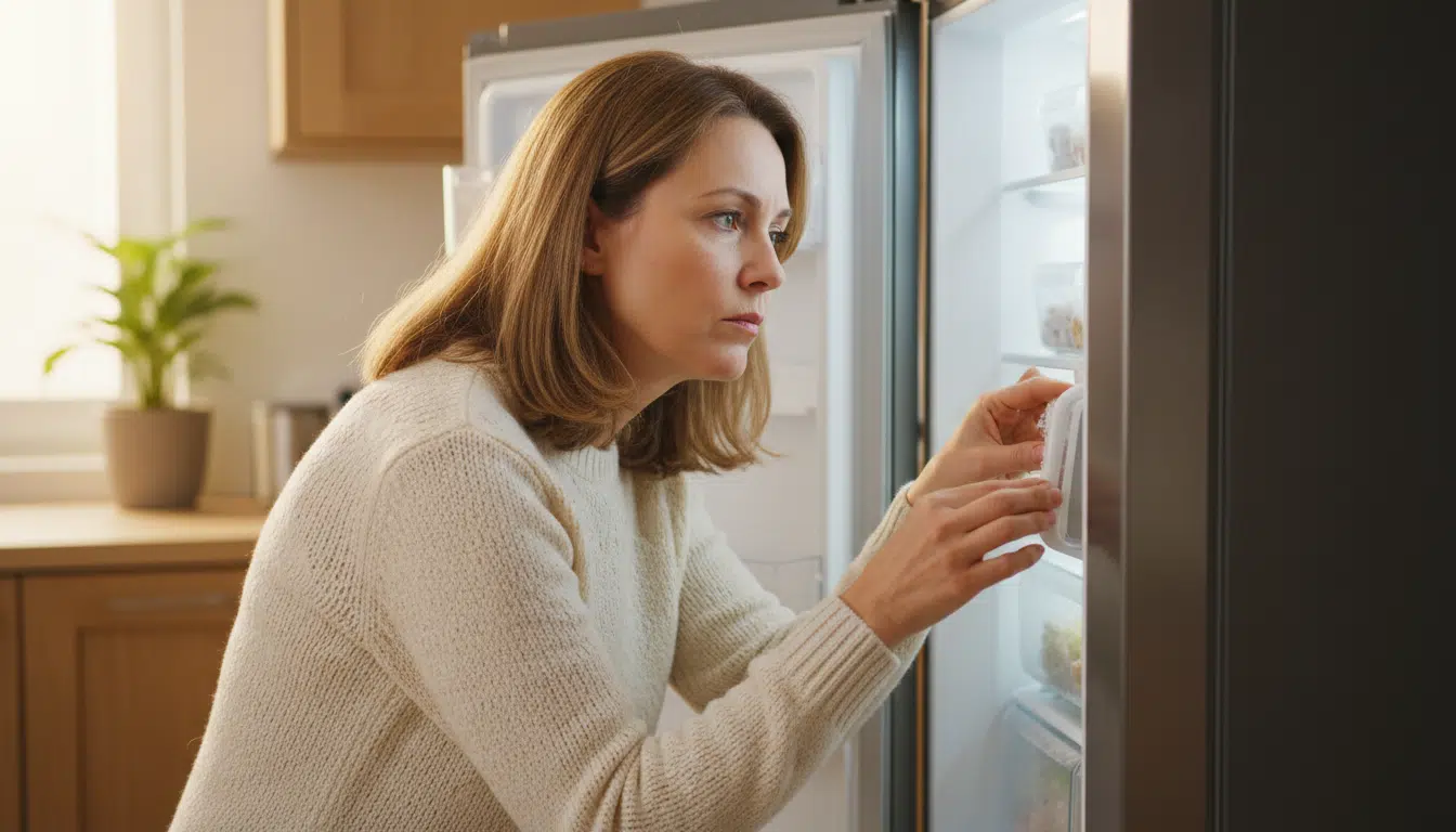 Femme inspectant le joint d'un congélateur ouvert