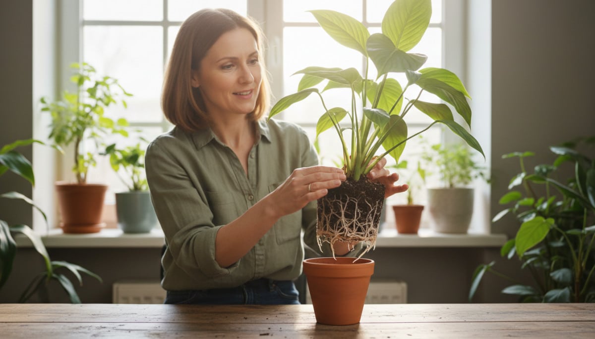 Femme inspectant les racines saines d'une plante en pot