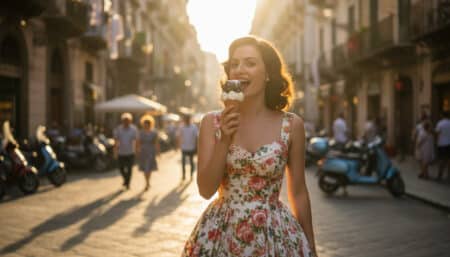 femme italienne tenant un Cornetto en 1959