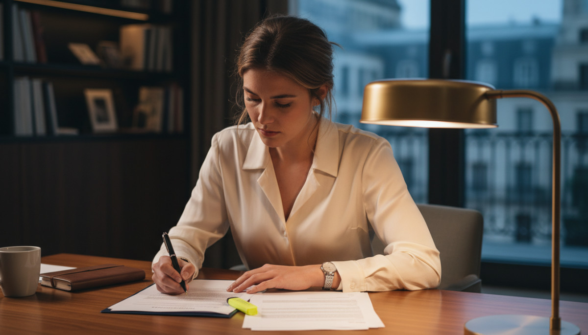 Femme lisant attentivement une clause de dédit-formation dans son contrat