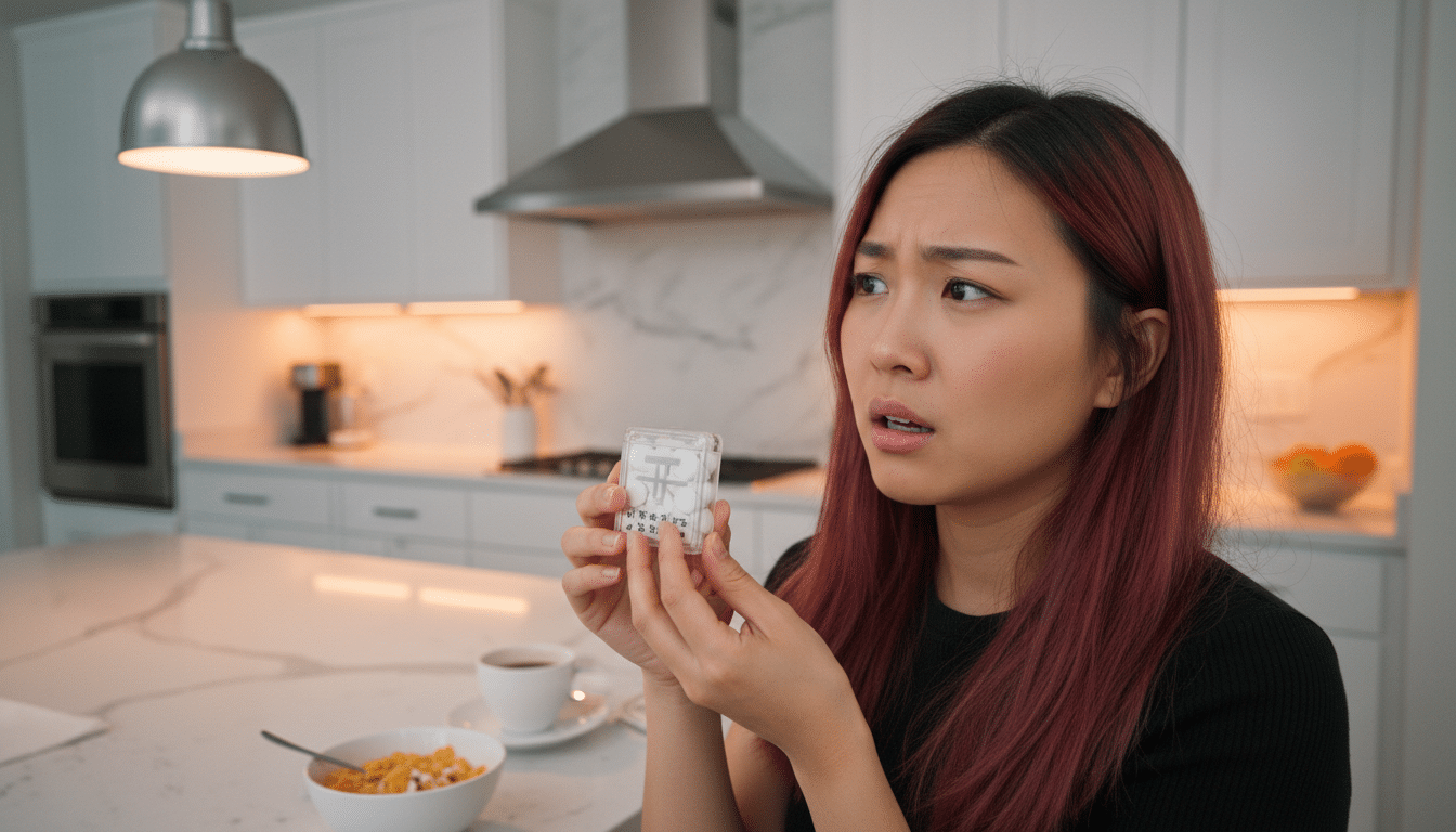 Femme lisant l'étiquette nutritionnelle d'une boîte Tic Tac