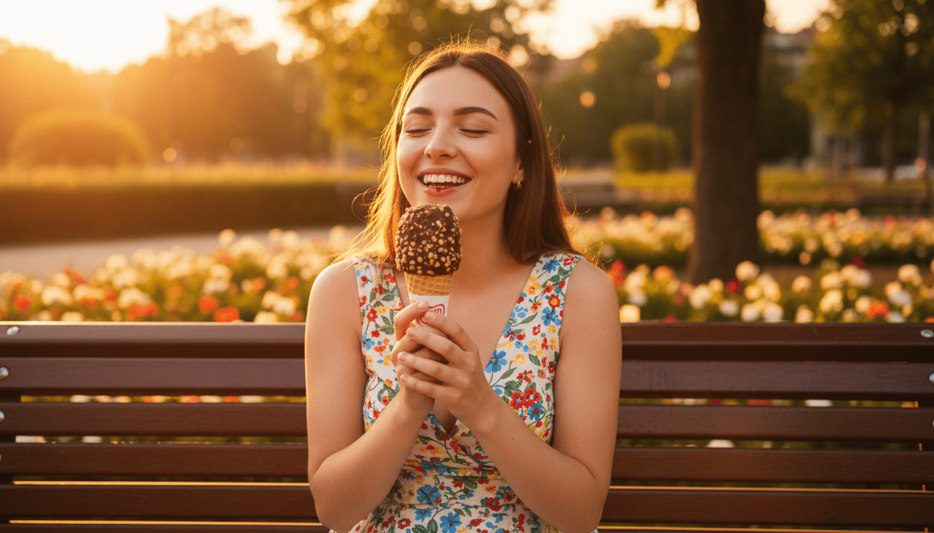 Femme mangeant un Cornetto au soleil