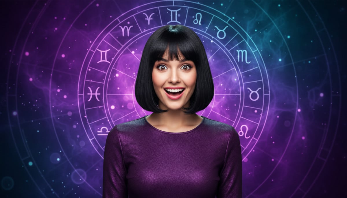 Femme méditant au lever du soleil entourée des constellations du zodiaque