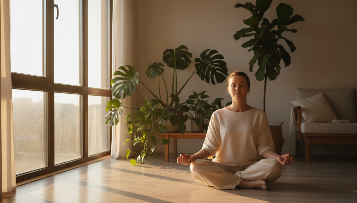 Femme méditant dans la lumière dorée du matin