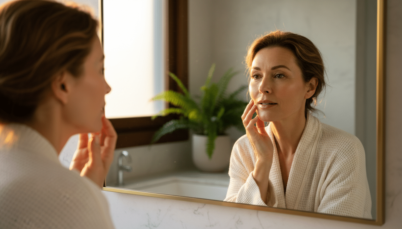 Femme observant sa peau dans un miroir