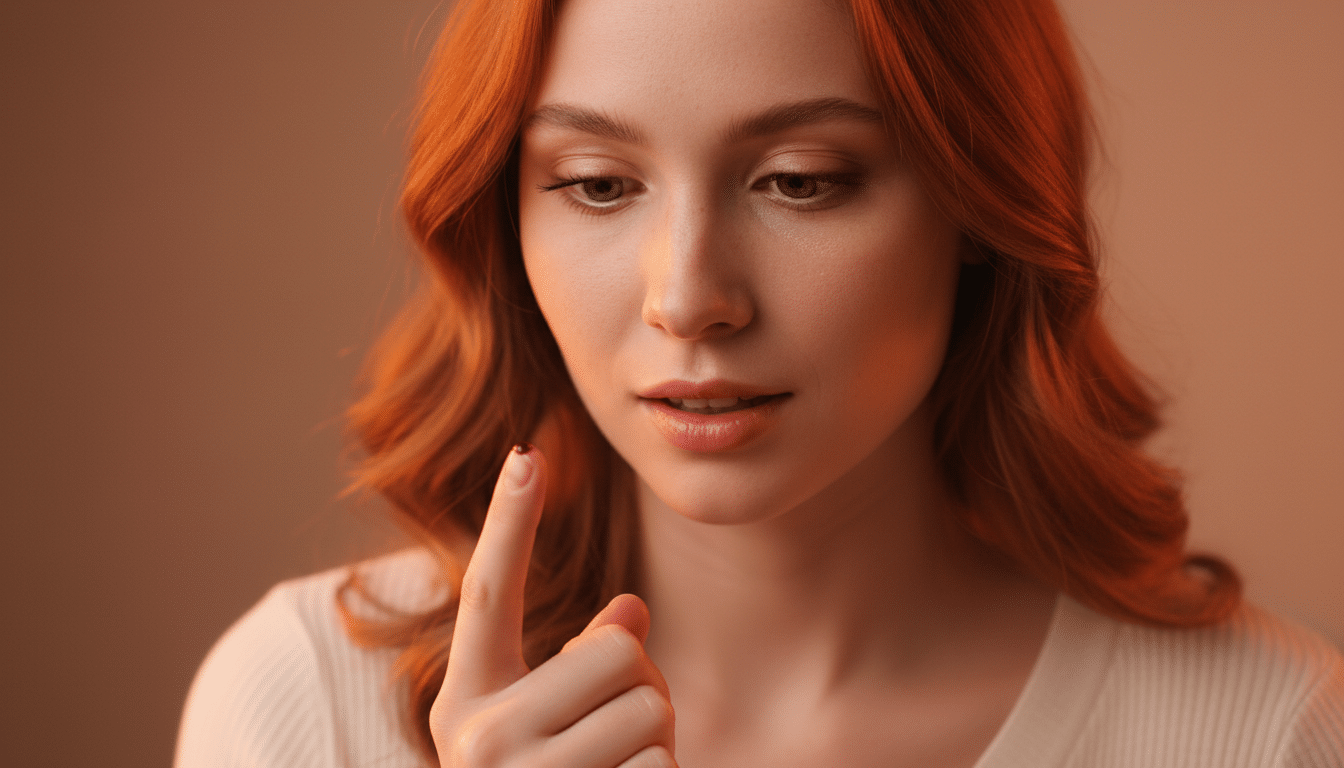 Femme observant une goutte de sang rouge sur son doigt