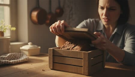 Femme ouvrant une boîte de sucre brun durci en bloc