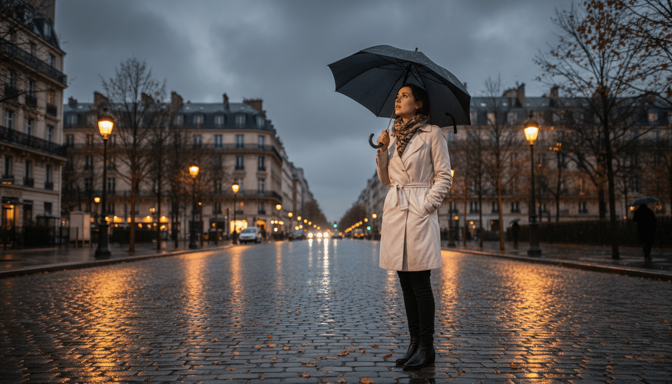 Femme parapluie ciel gris Paris printemps
