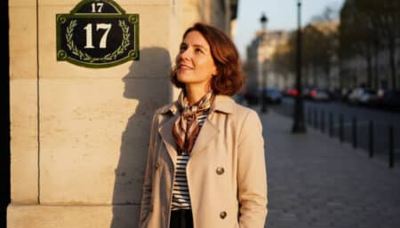 Femme parisienne observant un numéro de rue émaillé