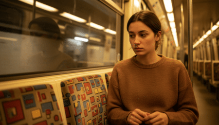 Femme perplexe devant siège tissu métro parisien