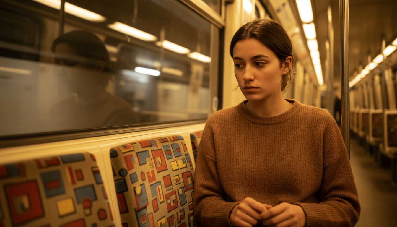 Femme perplexe devant siège tissu métro parisien