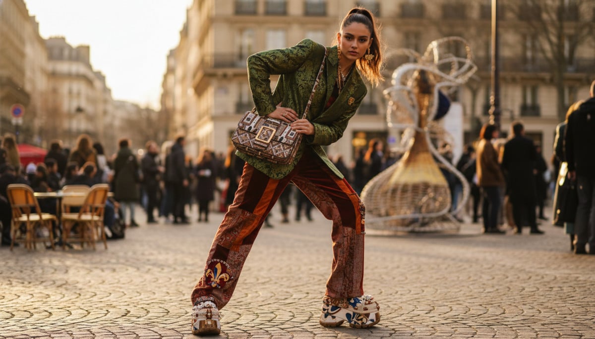 Femme portant des Crocs plateforme à la Fashion Week