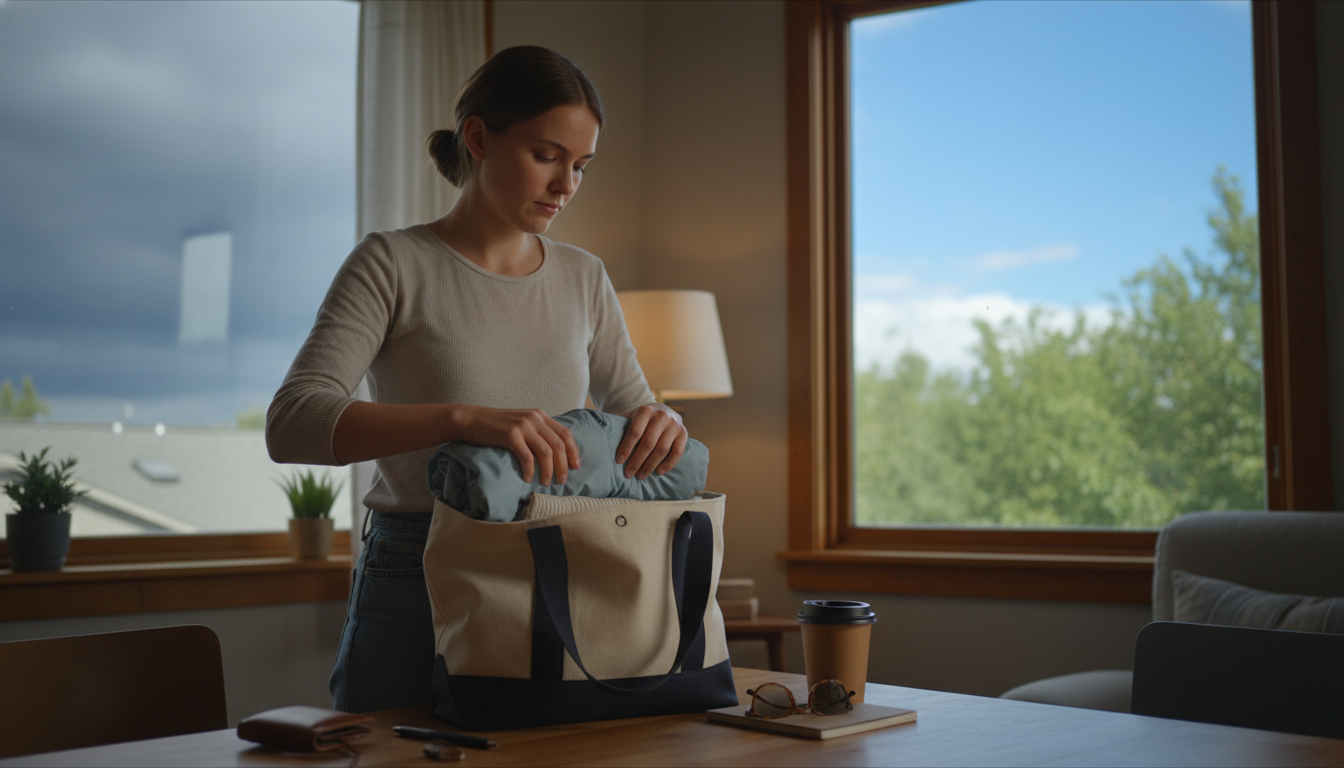 Femme prépare sa veste imperméable pour sortir