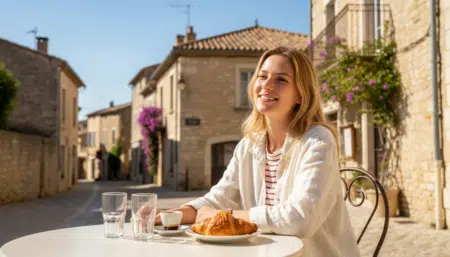 Femme profitant du soleil de printemps en terrasse dans le sud