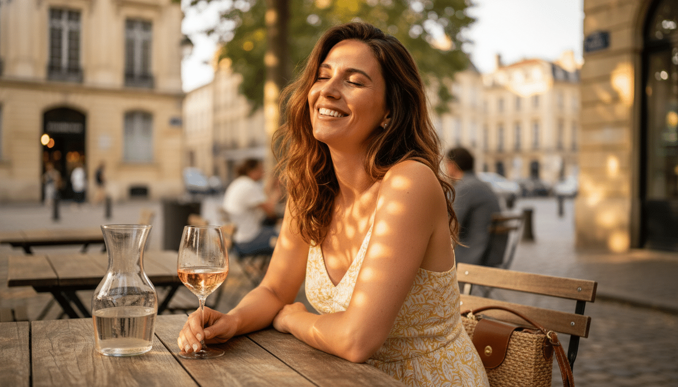 Femme profitant du soleil en terrasse à Bordeaux