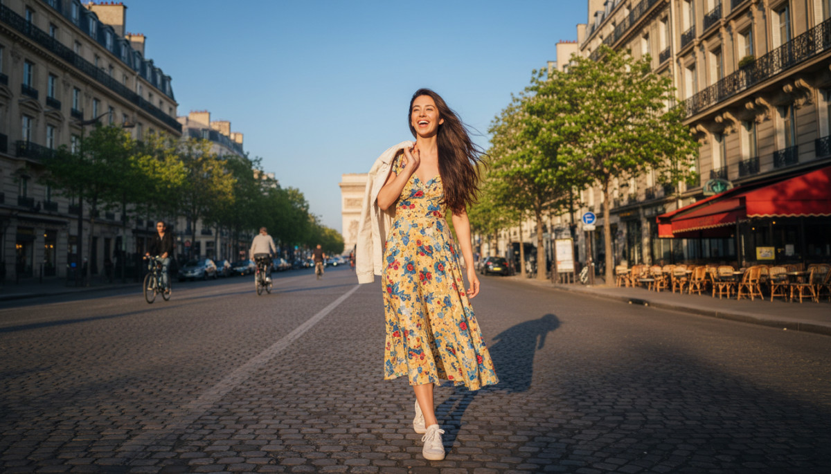 Femme profitant du soleil printanier à Paris le 29 avril
