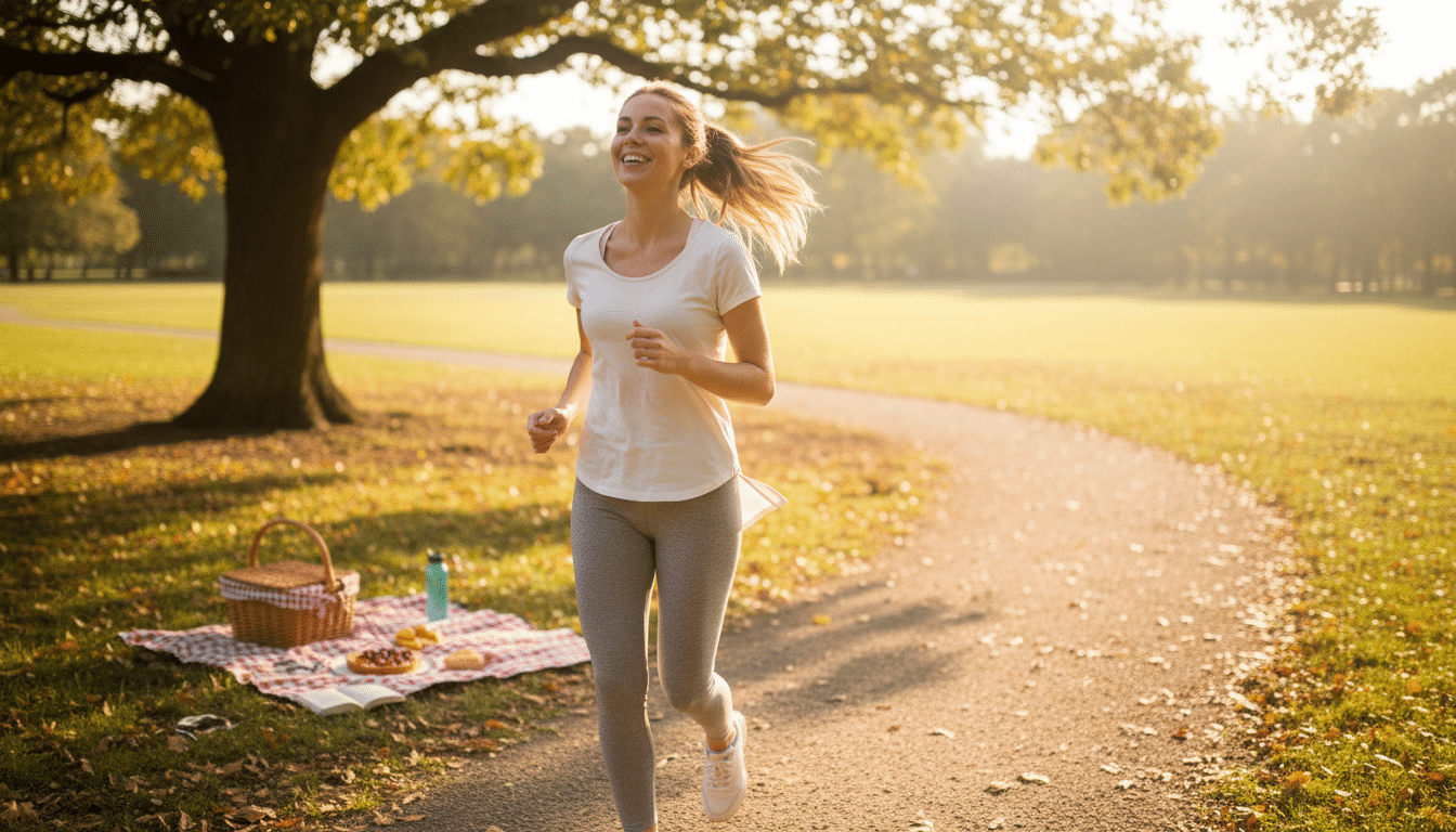 Femme qui court dans un parc après un repas léger