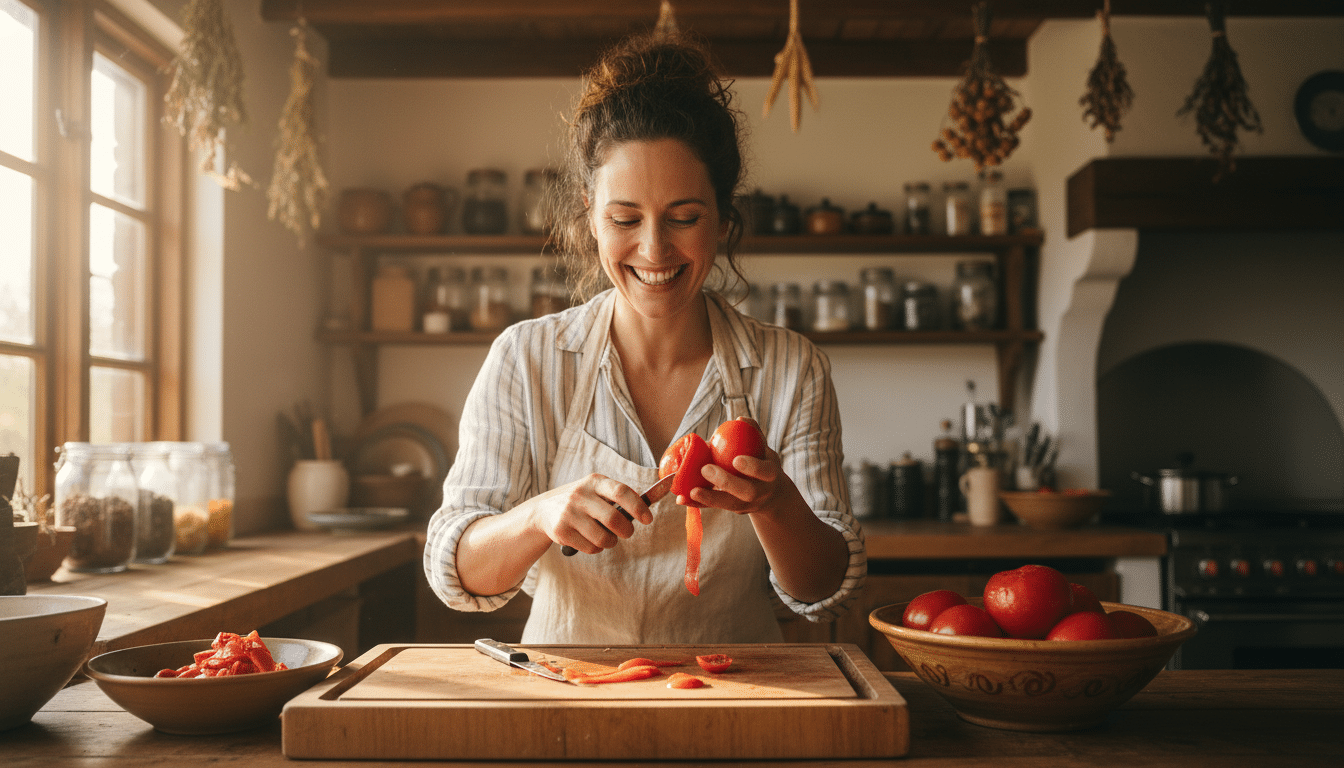 Femme qui pèle plusieurs tomates mondées en cuisine