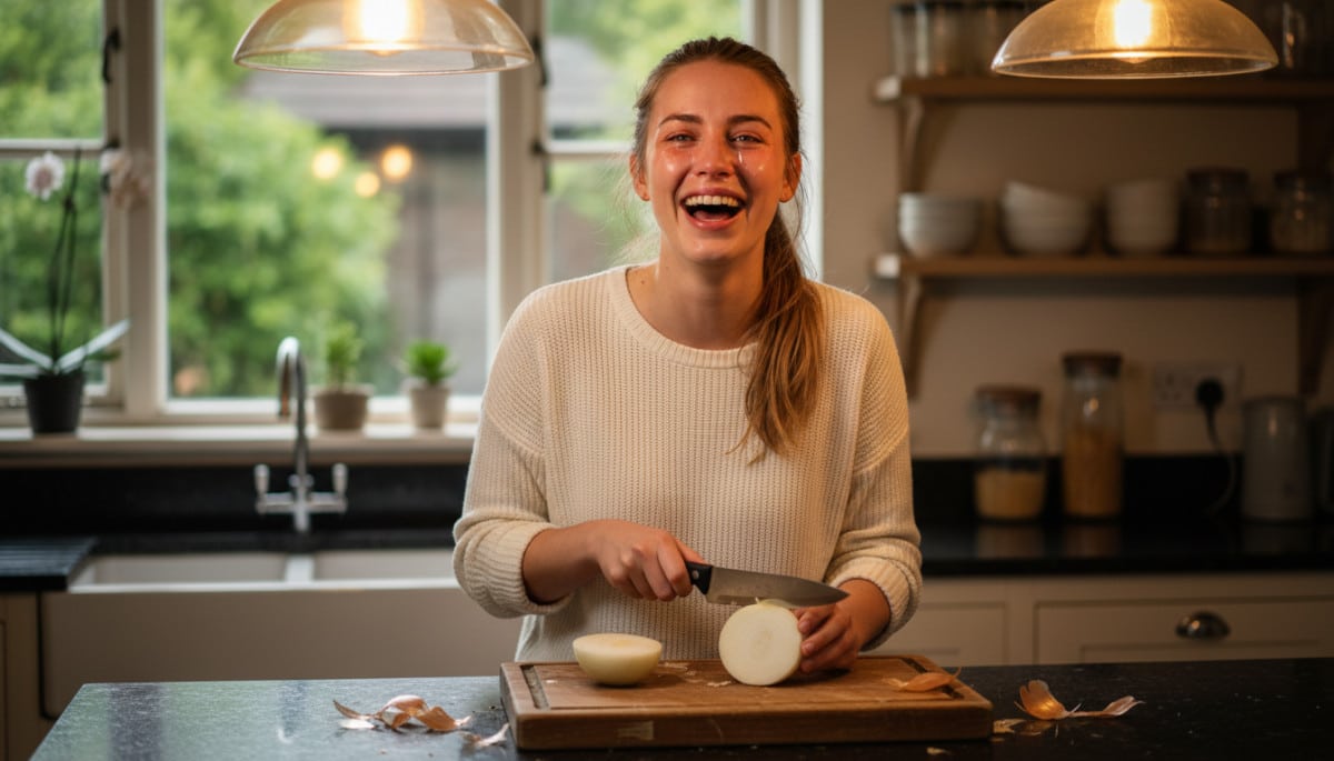 femme qui pleure en coupant un oignon