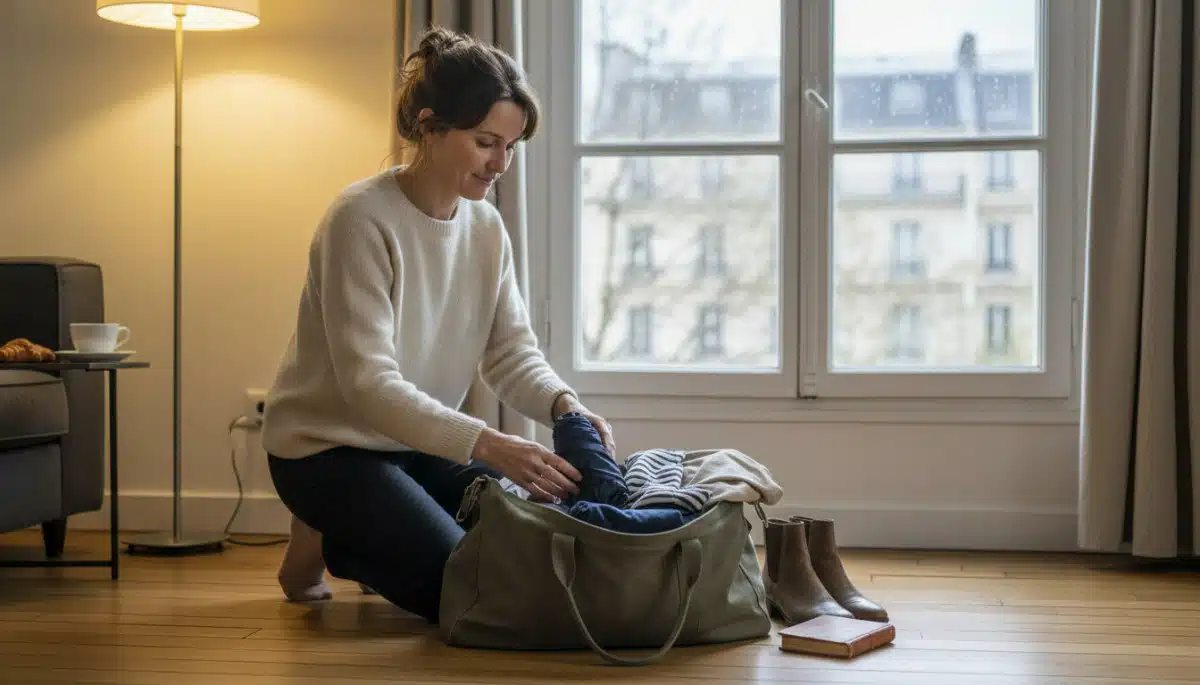 Femme qui prépare son sac avec parapluie pour le week-end