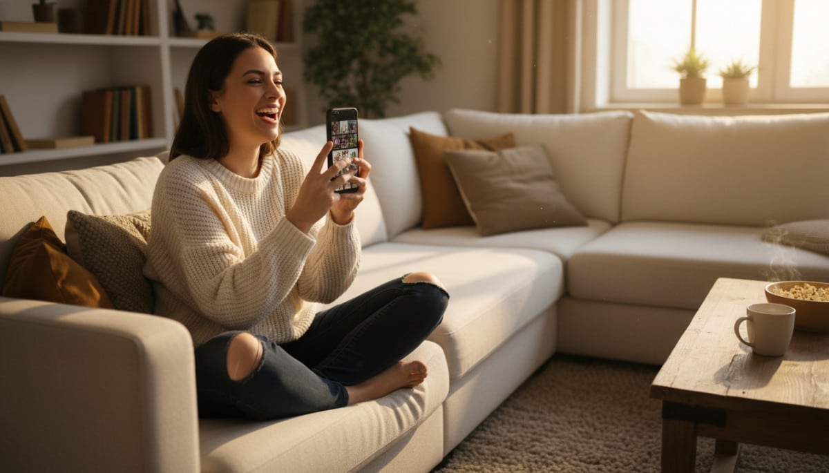 Femme qui rit en regardant des GIF sur son téléphone