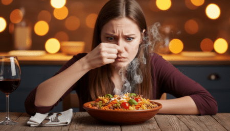 Femme qui se bouche le nez en mangeant