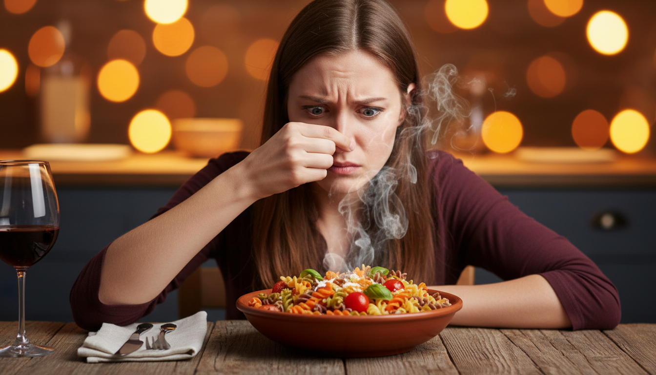Femme qui se bouche le nez en mangeant