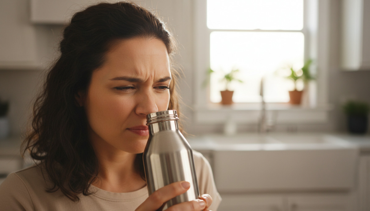 femme qui sent sa gourde réutilisable avec dégoût