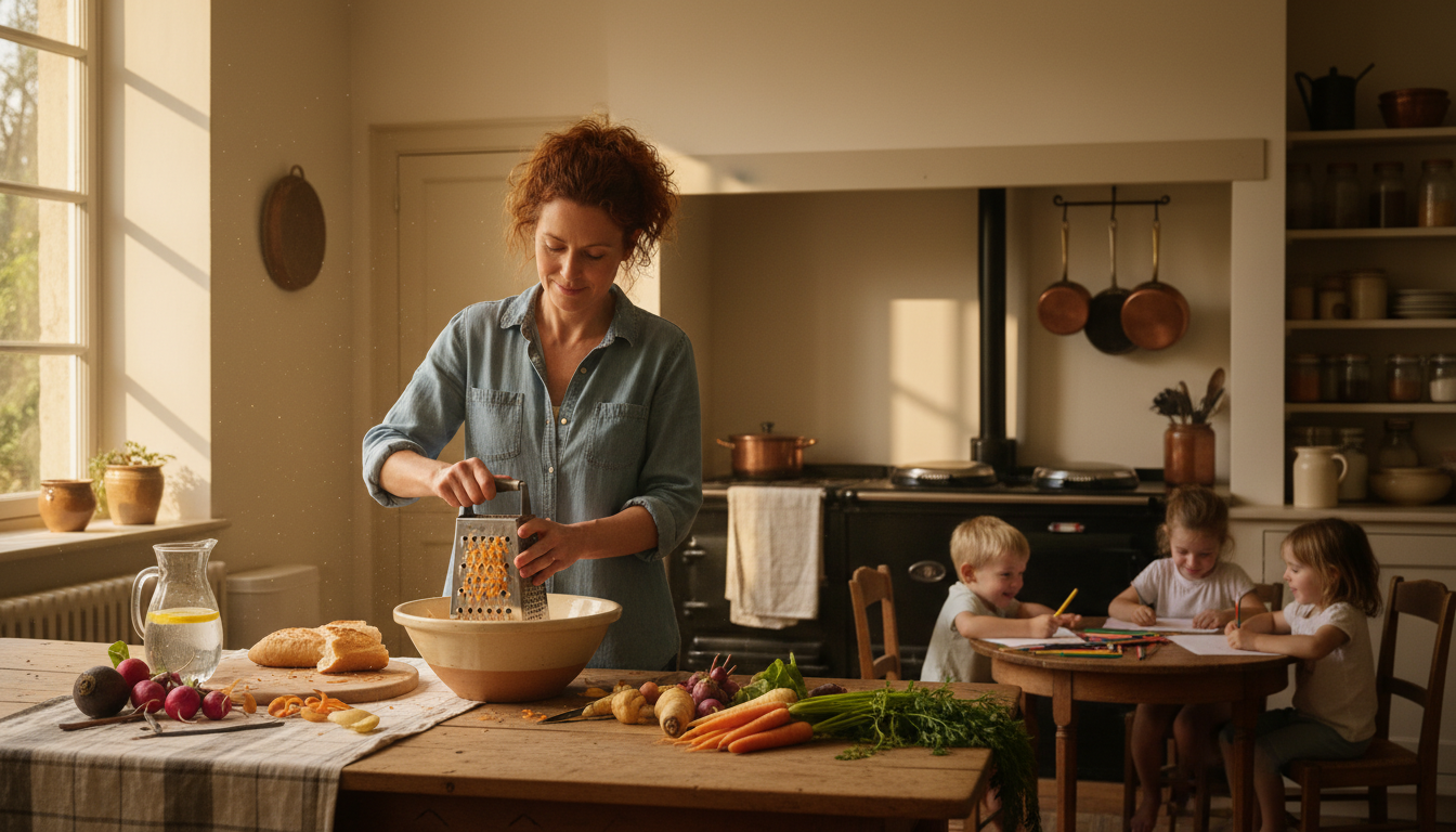 Femme râpant des carottes fraîches dans une cuisine familiale