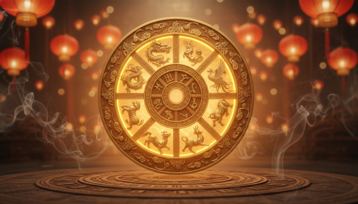 Femme rayonnante entourée d'énergie de feu dorée pour l'horoscope chinois du 24 avril 2026