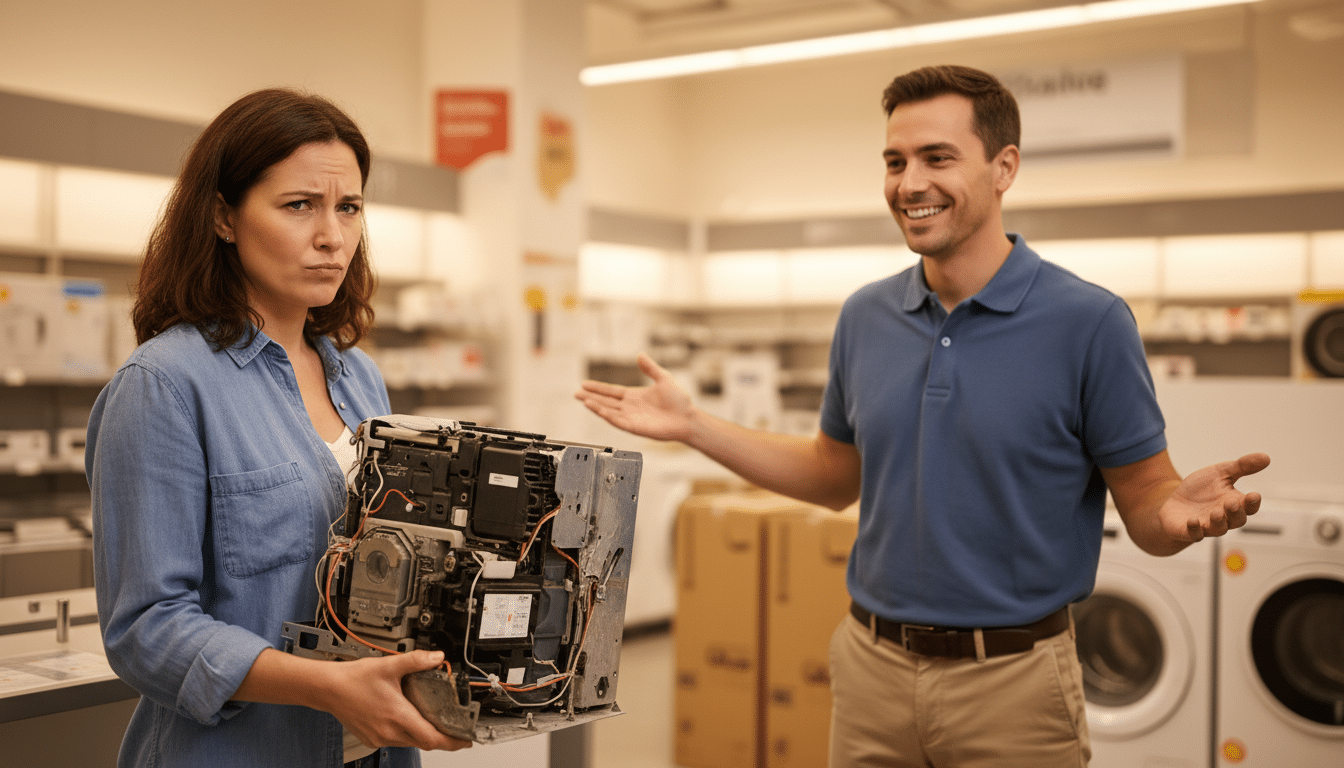 Femme réclamant remboursement panne produit en magasin